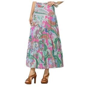 Ralph Lauren Lauren Pink Green Paisley Tiered Skirt Boho Midi Size Large NWT